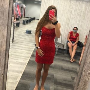 Sherri Hill Red Homecoming Dress lace detailing